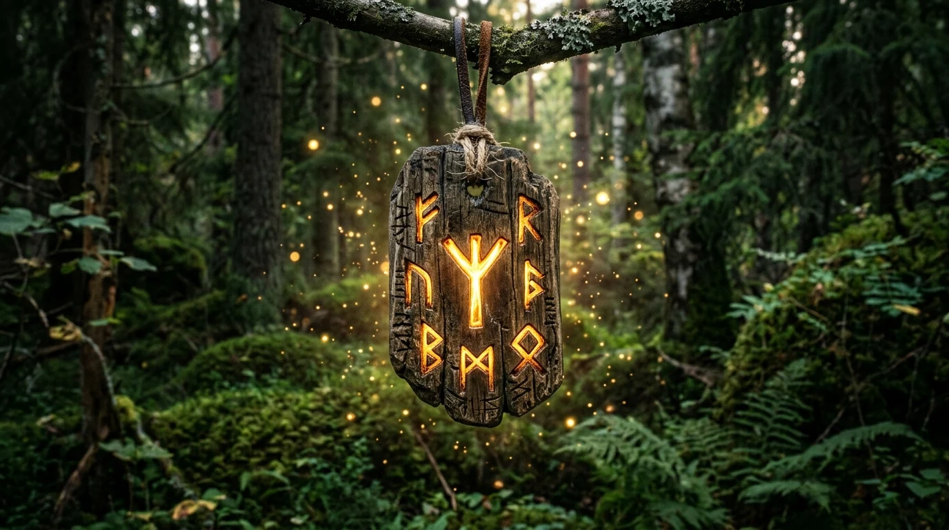 Staroseverský dřevěný amulet s vyrytými ochrannými runami Algiz v mechu
