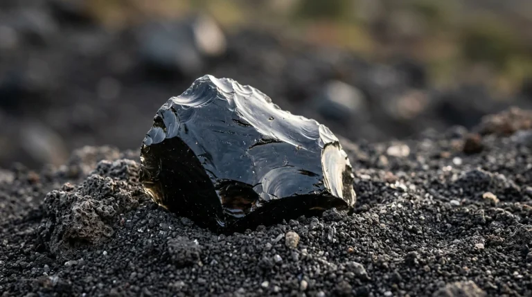 Lesklý černý přírodní obsidián s ostrými odrazivými hranami na sopečné půdě