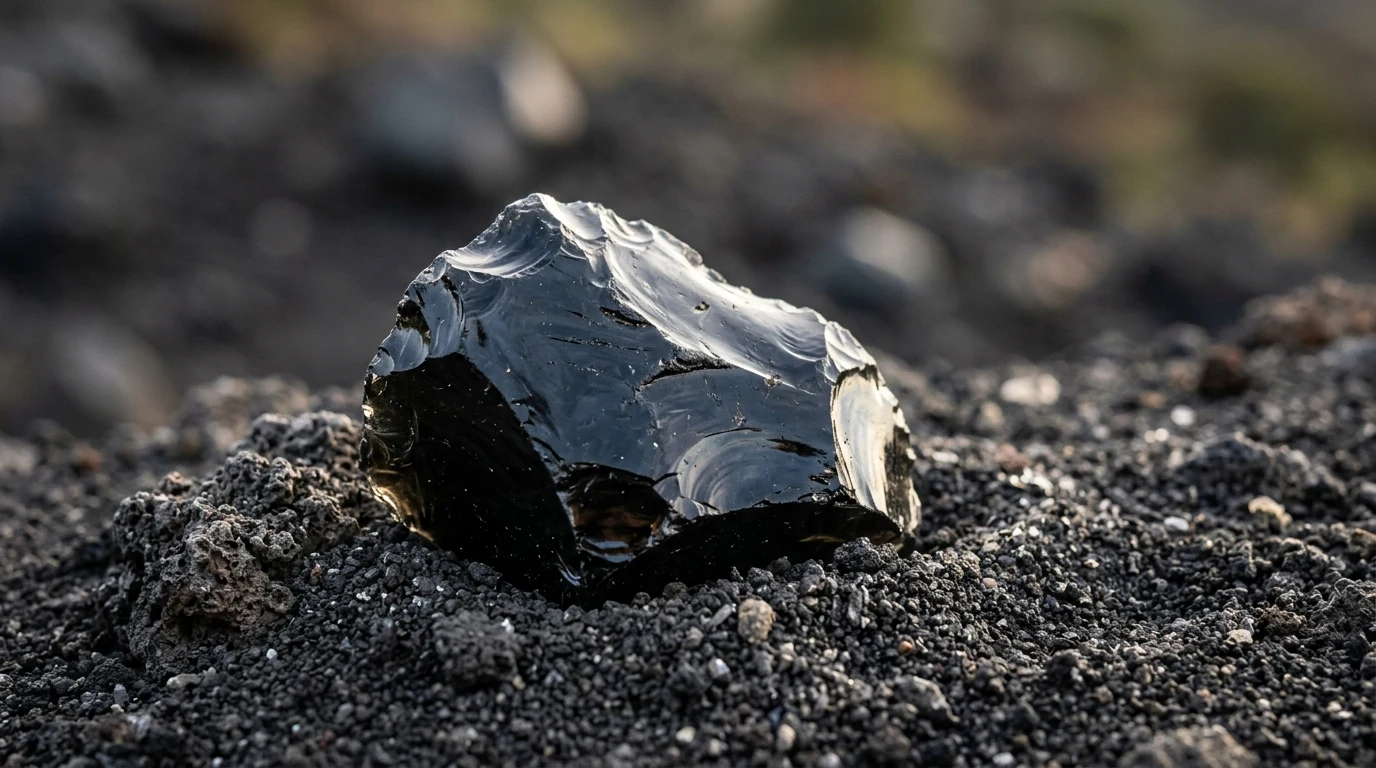 Lesklý černý přírodní obsidián s ostrými odrazivými hranami na sopečné půdě