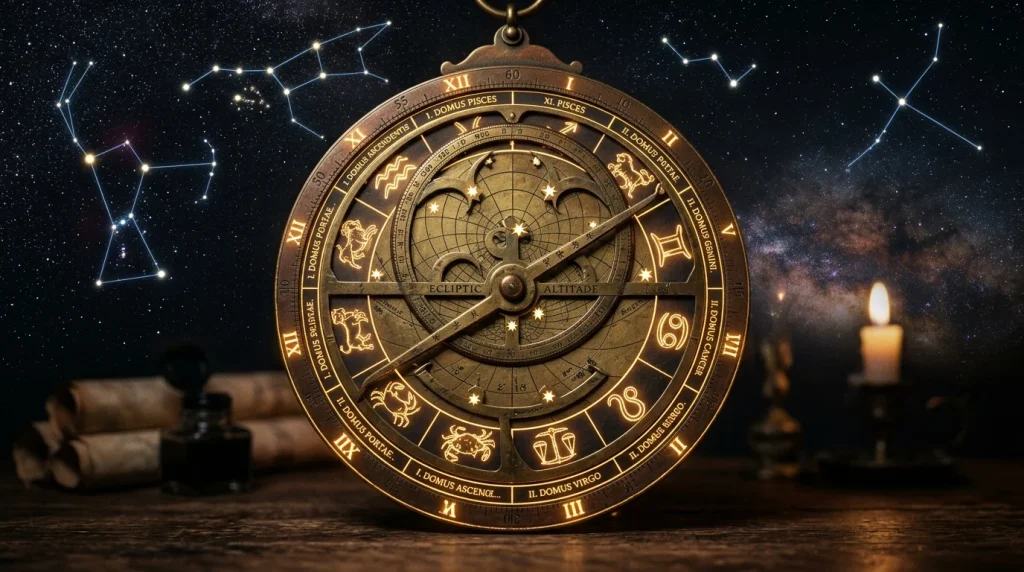 Starověký astroláb a mapa 12 astrologických domů pod noční oblohou