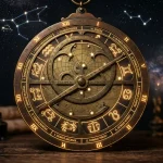 Starověký astroláb a mapa 12 astrologických domů pod noční oblohou