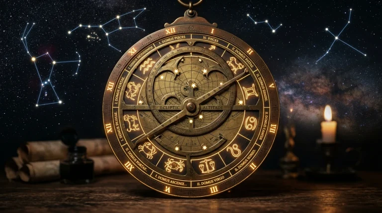 Starověký astroláb a mapa 12 astrologických domů pod noční oblohou