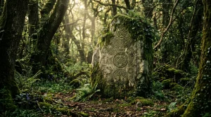 Druidské symboly vytesané do posvátného keltského kamene v dubovém lese
