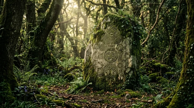 Druidské symboly vytesané do posvátného keltského kamene v dubovém lese
