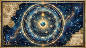 Starobylá nebeská mapa zvěrokruhu se zlatými symboly 12 znamení a planetami