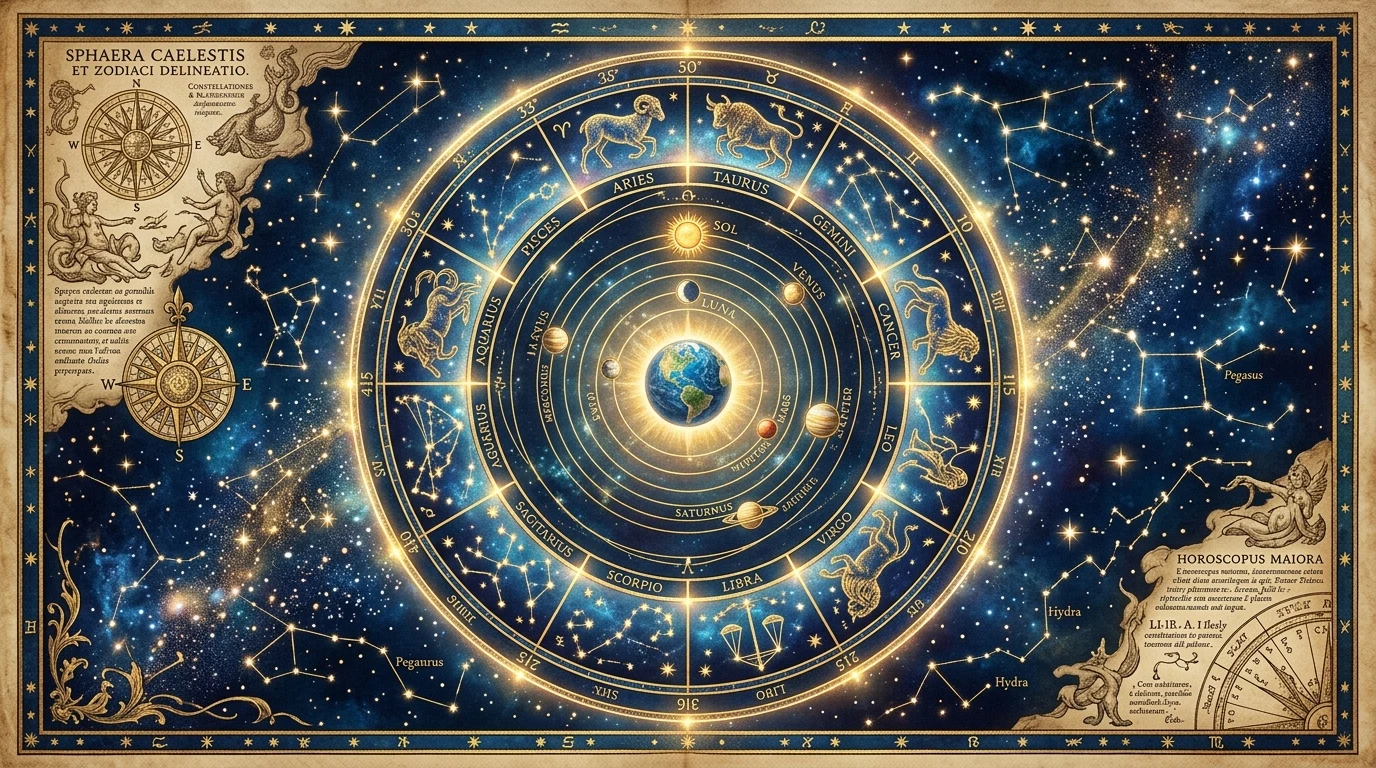 Význam zvěrokruhu (zodiaku): Velký průvodce 12 znameními, živly a astrologickými archetypy 1 Starobylá nebeská mapa zvěrokruhu se zlatými symboly 12 znamení a planetami