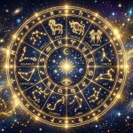Zlaté astrologické kolo 12 znamení zvěrokruhu v hlubokém vesmíru s mlhovinami