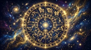 Zlaté astrologické kolo 12 znamení zvěrokruhu v hlubokém vesmíru s mlhovinami