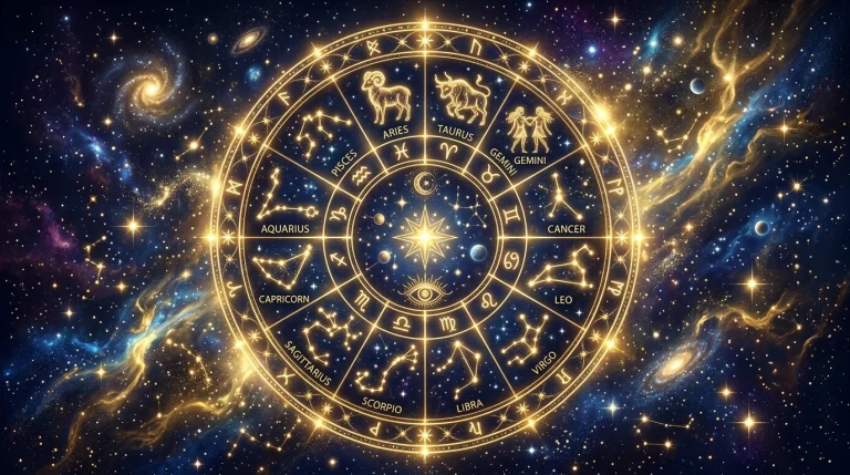 Zlaté astrologické kolo 12 znamení zvěrokruhu v hlubokém vesmíru s mlhovinami