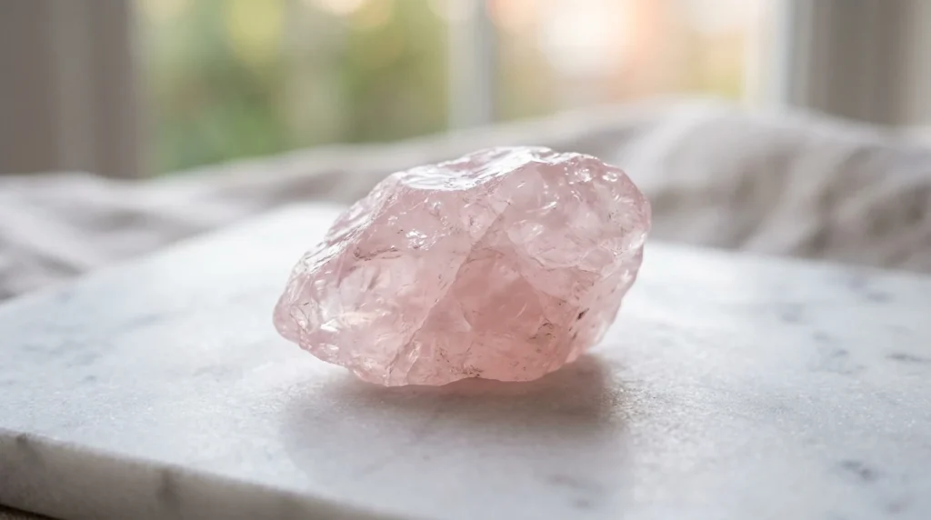 Přírodní růžový krystal růženínu na bílém mramoru v ranním světle