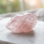 Přírodní růžový krystal růženínu na bílém mramoru v ranním světle