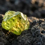 Přírodní zelený krystal olivínu peridotu na vulkanické hornině