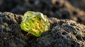 Přírodní zelený krystal olivínu peridotu na vulkanické hornině