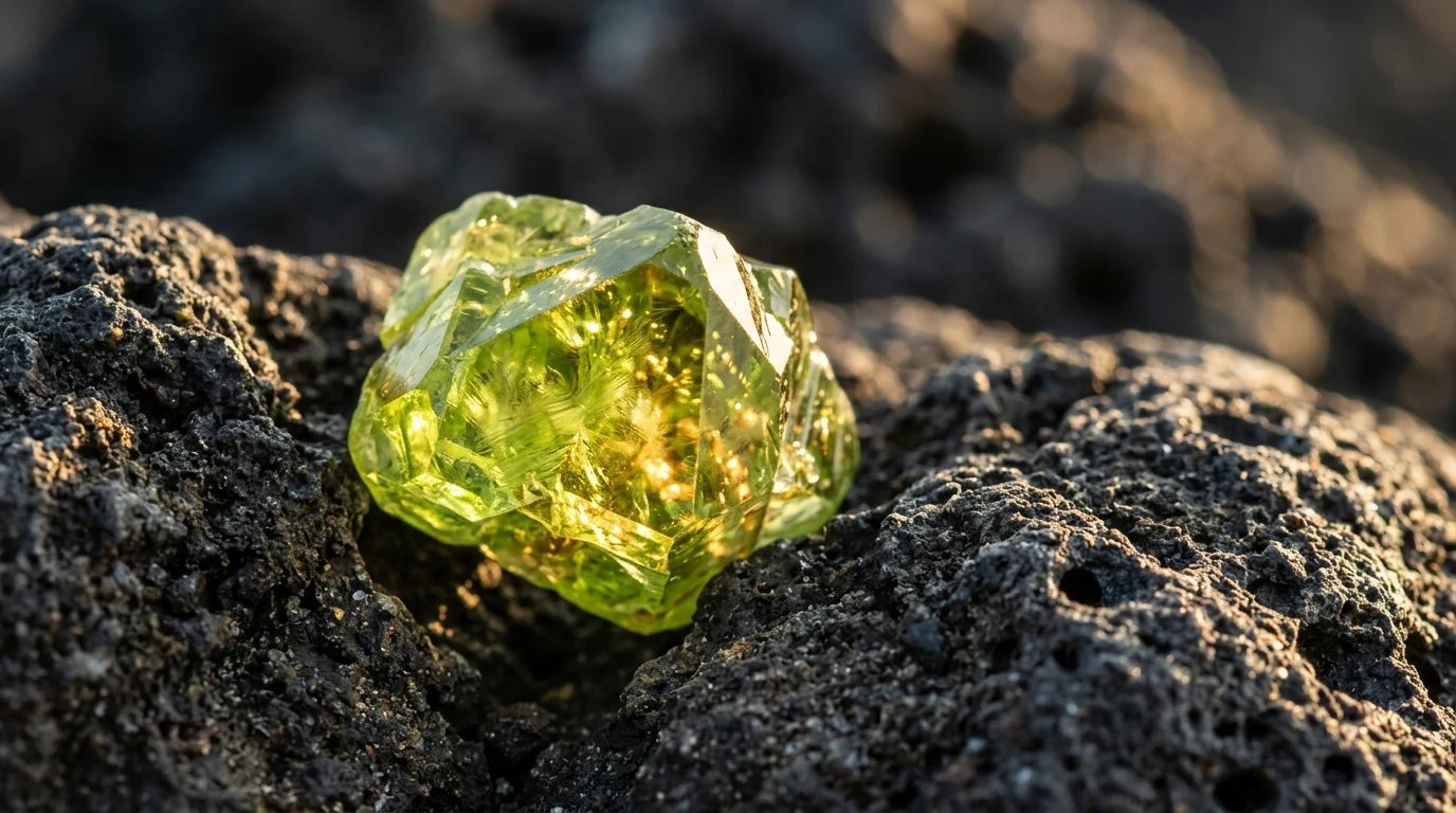 Přírodní zelený krystal olivínu peridotu na vulkanické hornině