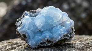 Přírodní světle modrý botryoidální krystal chalcedonu na kameni