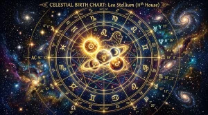 Astrologický diagram se zlatým stelliem planet v hlubokém vesmíru